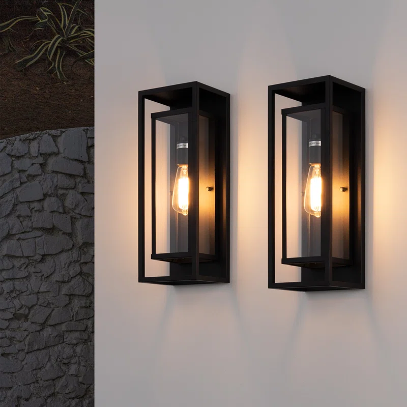 Rasharkin Classic Outdoor Wall Sconce 1 Light Rectangular Metal Frame and Clear Glass Shade Waterproof (Set of 2)